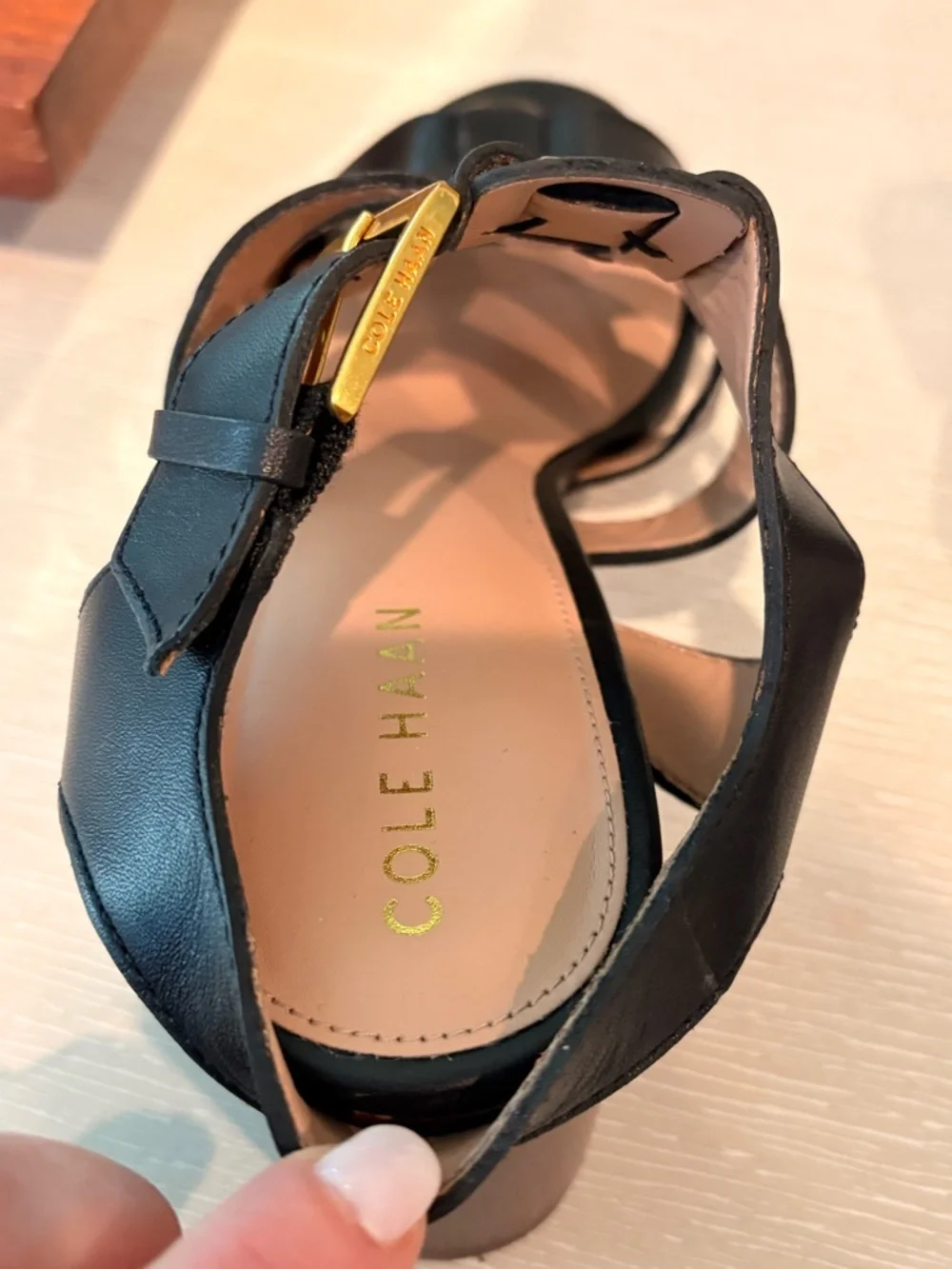 Cole Haan Black Leather Multi-Strap Sandals with Gold Buckle